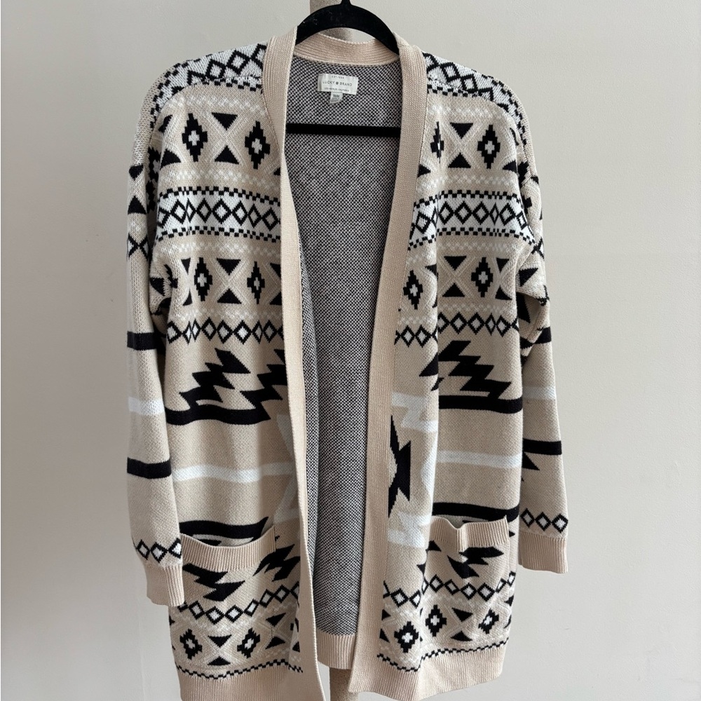 Lucky Brand Open Longline Cardigan Sweater Size M Oatmeal Aztec Print Cozy